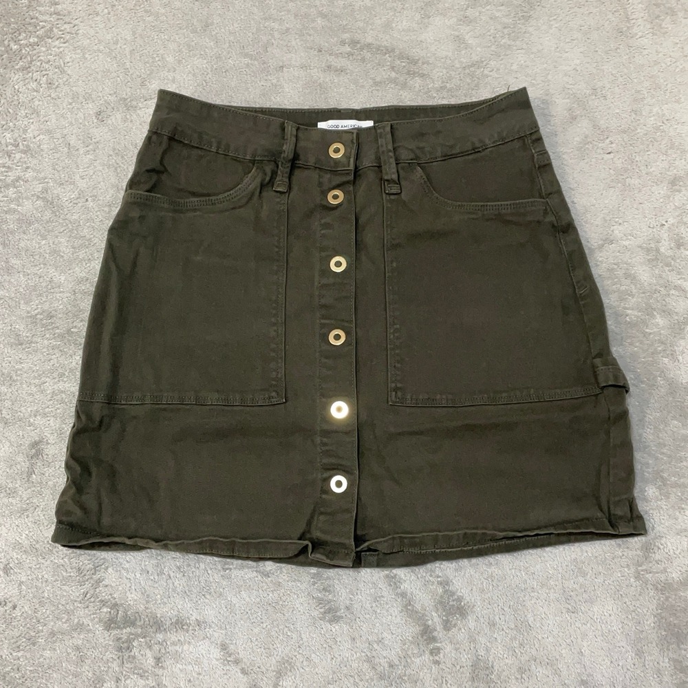 Good American Women's 4/27 Olive Green Button Front Mini Skirt Cotton Stretch